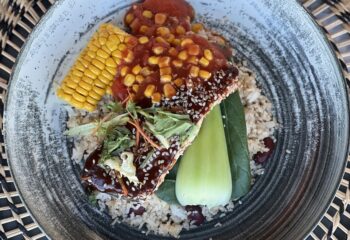 Jerk Salmon Fillet Brown Caribbean Rice Sweetcorn Salsa