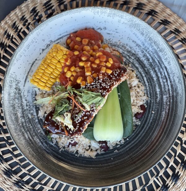 Jerk Salmon Fillet Brown Caribbean Rice Sweetcorn Salsa