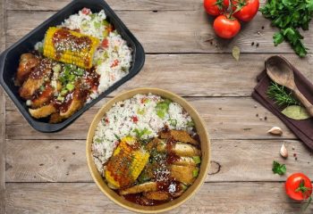 Sweet Spicy & Sticky BBQ Breaded Chicken, Peppered Coconut Rice with a Honey Glaze